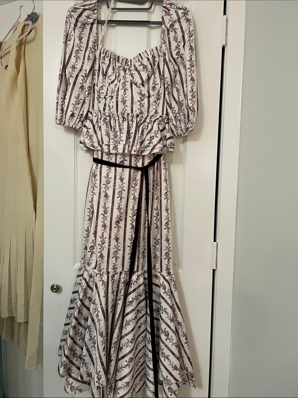 ANTONIO MELANI Ivory Maxi Dress with Plum Floral Stripes